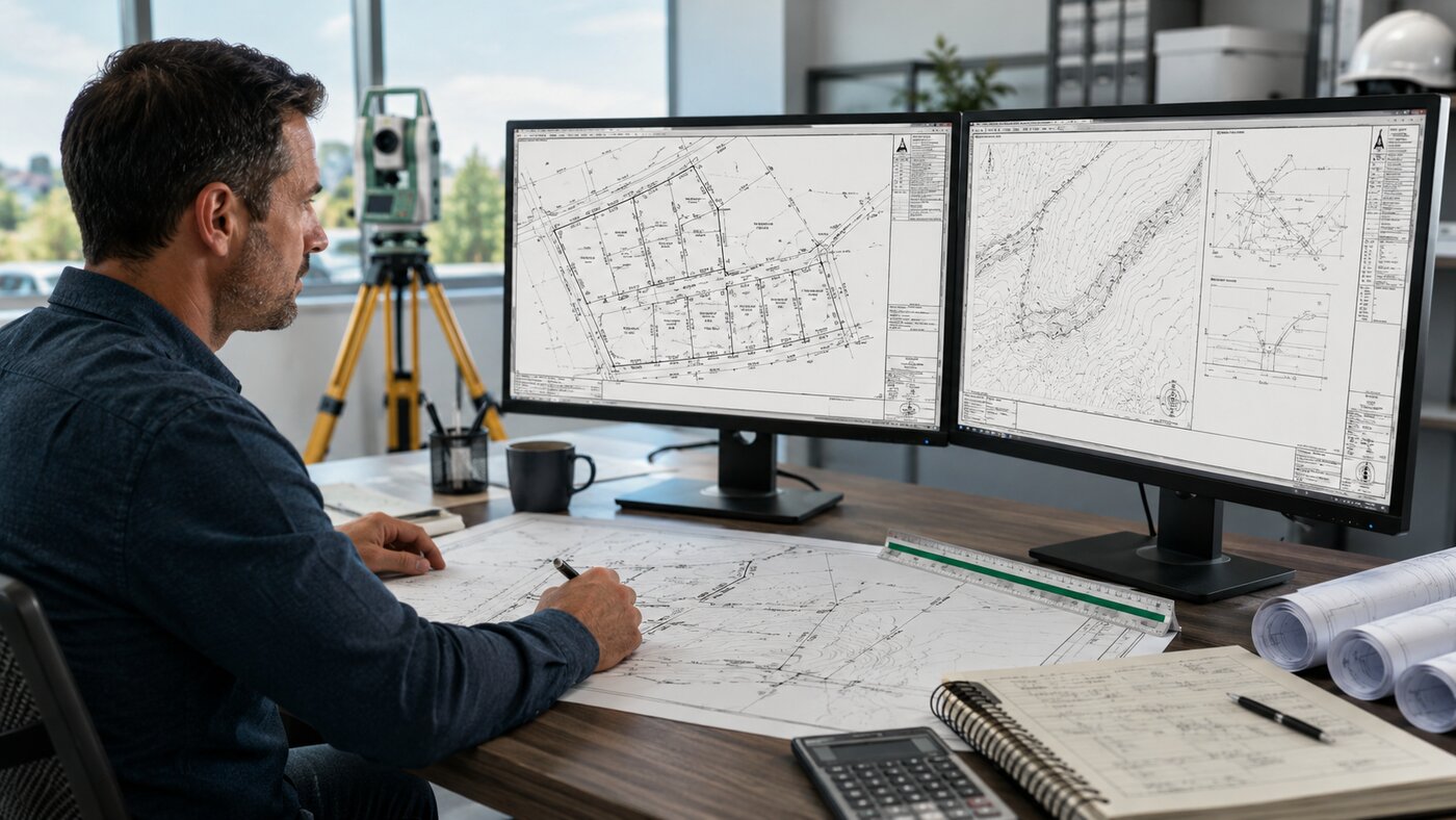 Drafter reviewing boundary and topographic CAD drawings on dual monitors alongside field notes and rolled exhibits